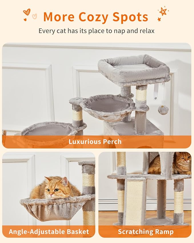Taoqimiao Cat Tree, 37.4-Inch Cat Tower for Indoor Cats,Suitable for Kittens,Plush Cat Condo with 5 Scratching Posts, Plush Perch,2 Hammock,Pompoms, Scratching Ramp MS018W Light Gray