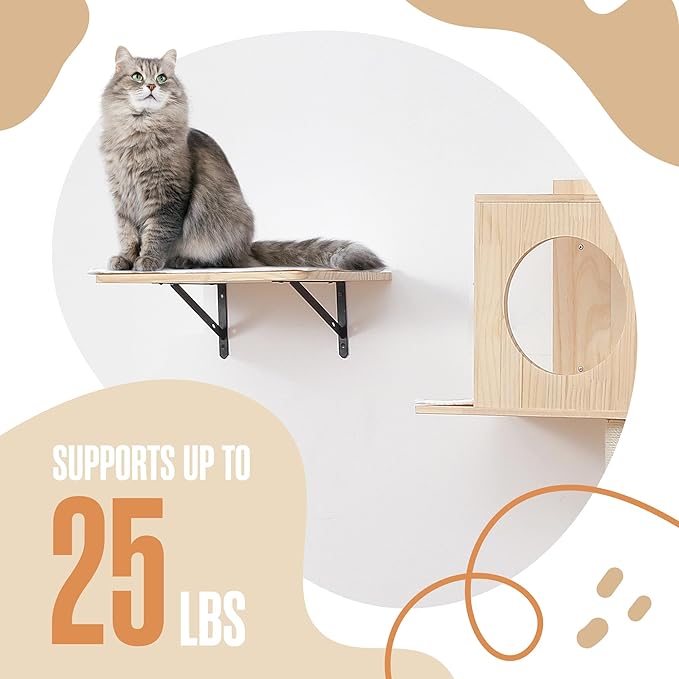 Houseables Wall Cat Tree, Wall Mounted Cat Tree, Cat Shelves, Cat Wall Furniture Set, Cat Wall Shelves, Cat Climbing Shelves, Wall Mount Cat Shelves, Cat Ledges for Walls, Wall Cat Furniture, w/House
