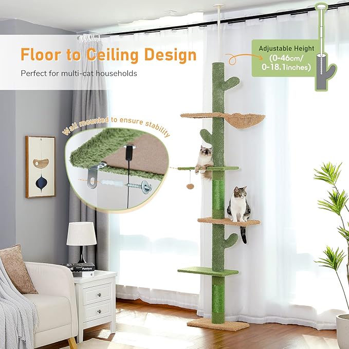 PAWZ Road Cat Tree, Cactus Floor to Ceiling Cat Tower with Adjustable Height(95-108 Inches), 5 Level Cat Climbing Tower with Cozy Hammock, Platforms and Dangling Balls for Indoor Cats