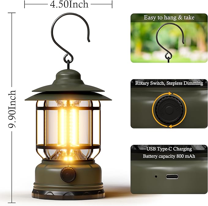 1 Pack Camping Lantern Battery Powered with Stepless Dimming, Rechargeable Battery LED Lantern for Power Outage, Camping Essentials Light for Emergency, Hurricane, Camping,Tent