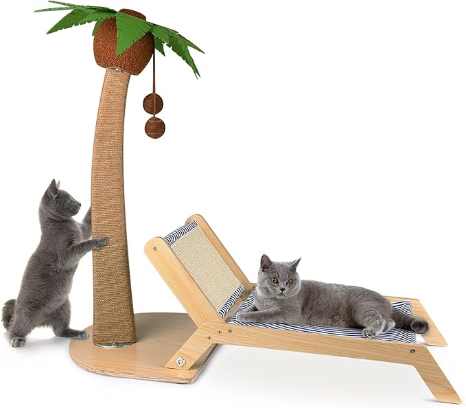 Cat Scratching Post with Bed,29.5 Inch Tall Palm Tree Cat Scratching Post for Indoor Cats, with Lounge Chair 2 in 1 Fun Sisal Rope Tall Cat Scratcher with Ball for Indoor Adult Cat/Kitten