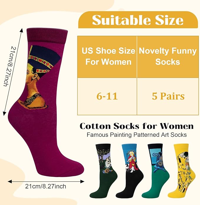 5 Pairs Womens Fun Famous Painting Patterned Art Socks Cotton, Printed Cool Novelty Funny Socks for Women