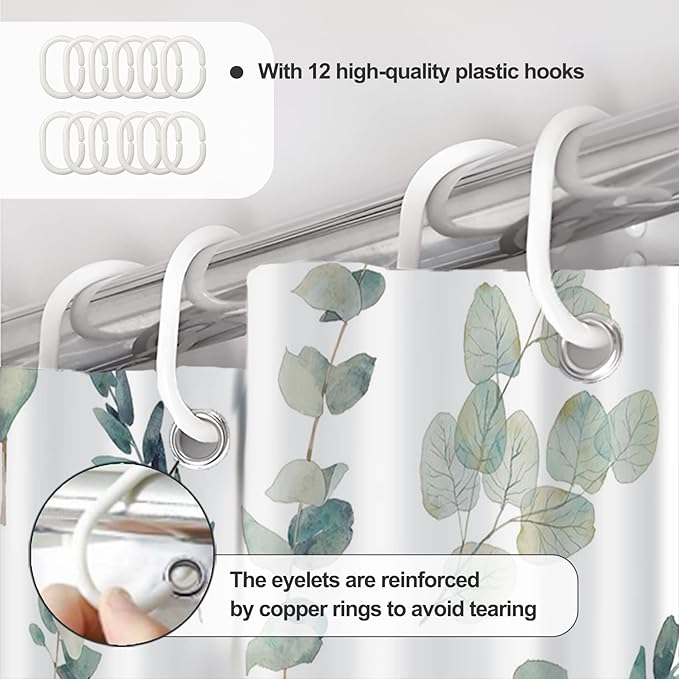 AWERT Shower Curtain Green Plants for Bathroom Waterproof Quick-Drying Eucalyptus Leaves Shower Curtain Set with Hooks 72x78 Inch