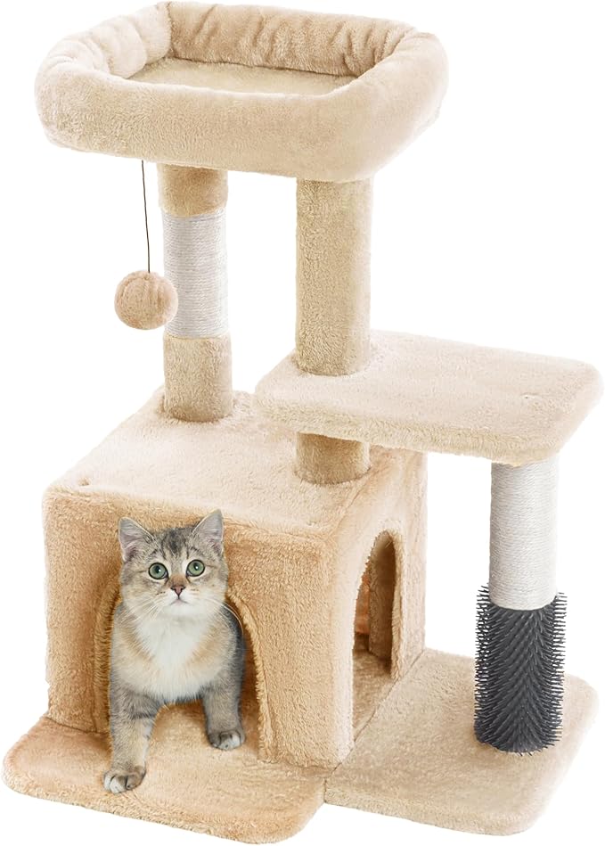 Pesofer Cat Tree, Small Cat Condo with Sisal Scratching Post and Massage Post Beige