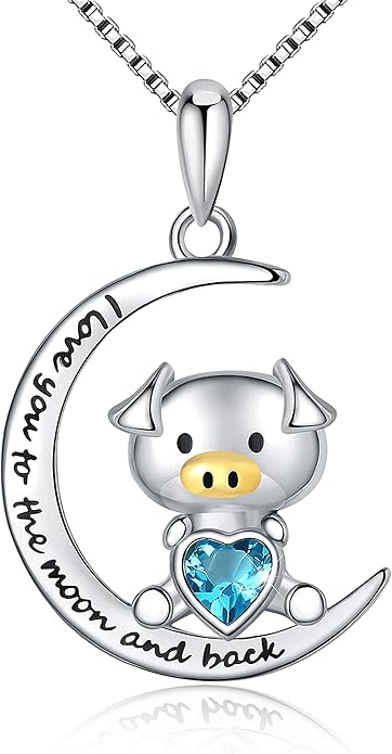 925 Sterling Silver Pig/Koala/Frog/Cat Horse Necklace I Love You to the Moon and Back Cute Animal Love Heart Moon Pendant Necklaces Jewelry Birthday Gifts for Women Best Friends