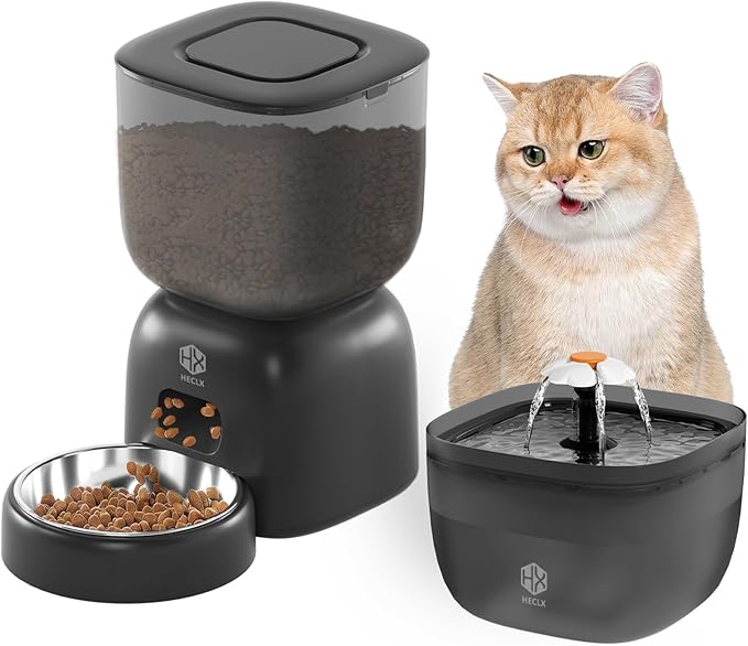 Automatic Cat Feeder with 3L Dry Cat Food Dispenser and 2L Water Fountain, Timed Feeder Dog with Portion Control and Daily Meals, Wire/Battery Automatic Feeders Black