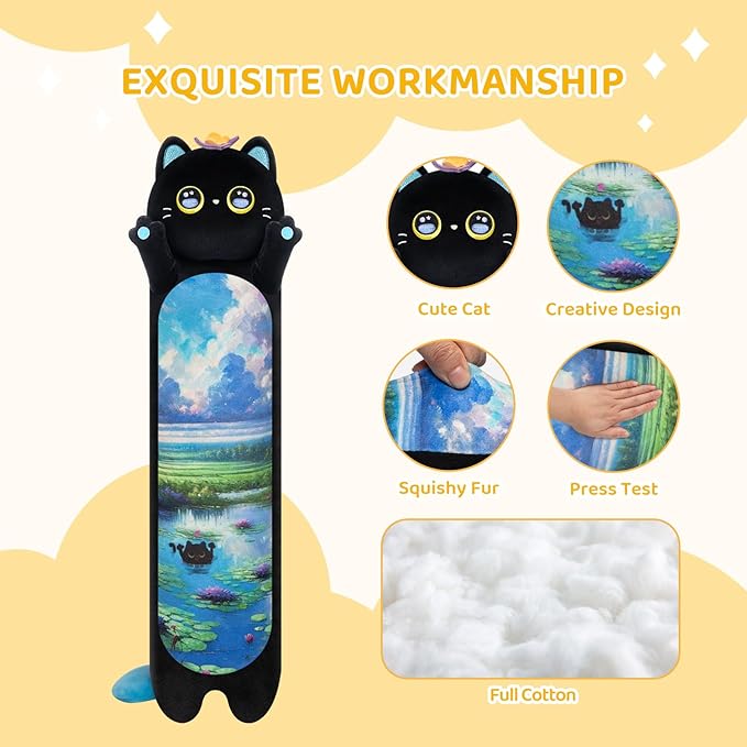 Artist-Designed Ultra Soft Long Cat Plush Body Pillow, Extra Stuffing for Comfort, Premium Quality Stuffed Animal Gift for Girlfriend or Cat Lovers (Butterfly Black Cat 20 Inches)