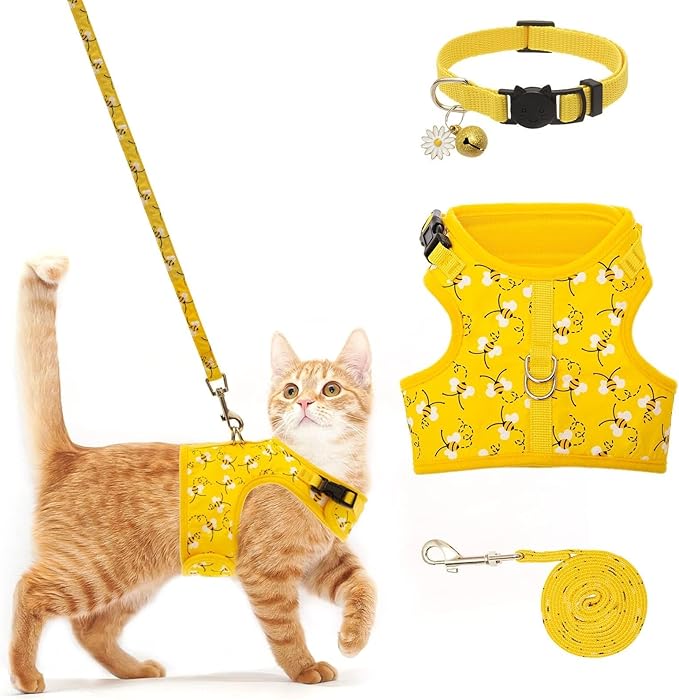 Cat Harness with Leash and Collar for Walking - Escape Proof with 59 Inches Leash - Adjustable Soft Vest Harnesses for Medium Large Cats Bee