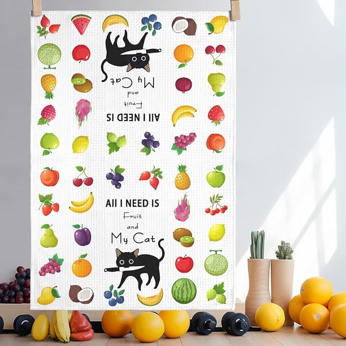2-Pack Whimsical Veggie and Fruit Kitchen Towels Set-Quick-Drying Decorative Dish Towels with 'My Cat & Garden Harvest' Designs,Funny Animal Theme Hand Towels for Cooking,Purrfect Gifts for Cat Ladies