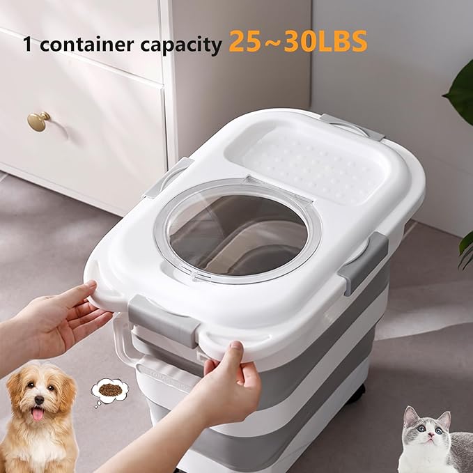 25 lbs Dog Food Storage Container,Collapsible Dog Food Container with Travel Silicone Bowl and Scoop,Pet/Dog/Cat/Bird Food/Cat litter Storage Containers to Keep Dry,Easy to Move.(white)