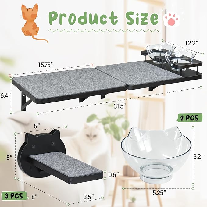 Cat Wall Shelves Set of 2, Cat Shelves and Perches for Wall, Cat Shelves Wall Mount for Large Cat, Cat Wall Furniture with 3 Cat Wall Steps, Cat Climbing Shelf, Cat Wall Shelf with 2 Cat Food Shelf