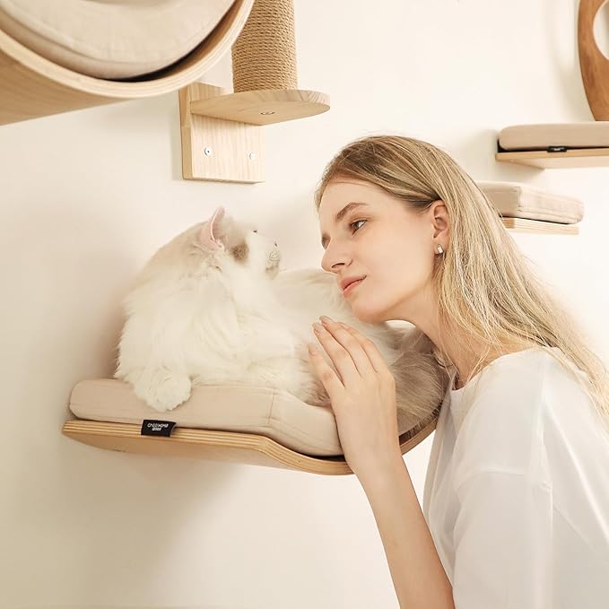 Cat Wall Shelves Curved Floating Cat Shelf Perch Bed with Cushion Wooden Easy to Install Cat Wall Furniture for Climbing Sleeping 16.5"x10.2"(White Oak)