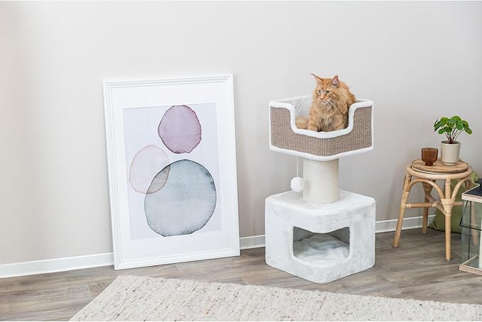 TRIXIE 33.9-in Ava XXL Cat Tree with Thick Scratching Post, Cat Condo, Cozy Top Platform with Removable Cushion, Dangling Cat Toy, Brown/White