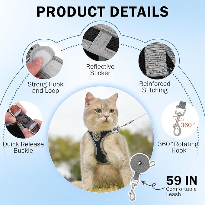 SCENEREAL Cat Harness and Leash Set Escape Proof, Adjustable Soft Air Mesh Kitten Harnesses for Girls Boys Small Medium Big Cats, Reflective Light Travel Pet Walking Vest for Puppy Rabbit, Black XL
