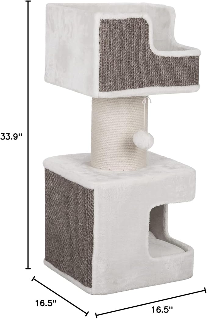 TRIXIE 33.9-in Ava XXL Cat Tree with Thick Scratching Post, Cat Condo, Cozy Top Platform with Removable Cushion, Dangling Cat Toy, Gray/White