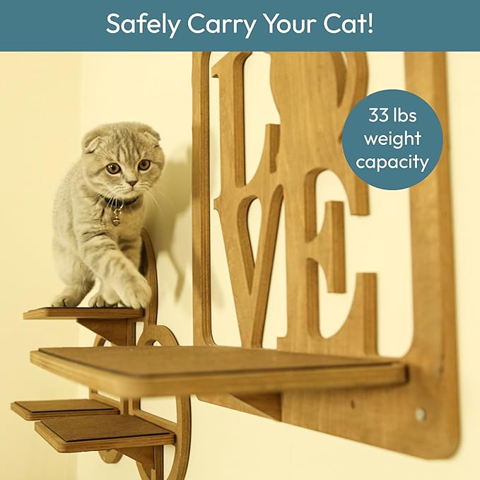 Cat Wall Shelves and Perches 3 PCS Beechwood - Mounted Cat Wall Furniture for Indoor Cats for Climbing Playing and Lounging - 5 Cat Wall Steps with Cat Shelves and a Cat Wall Bed