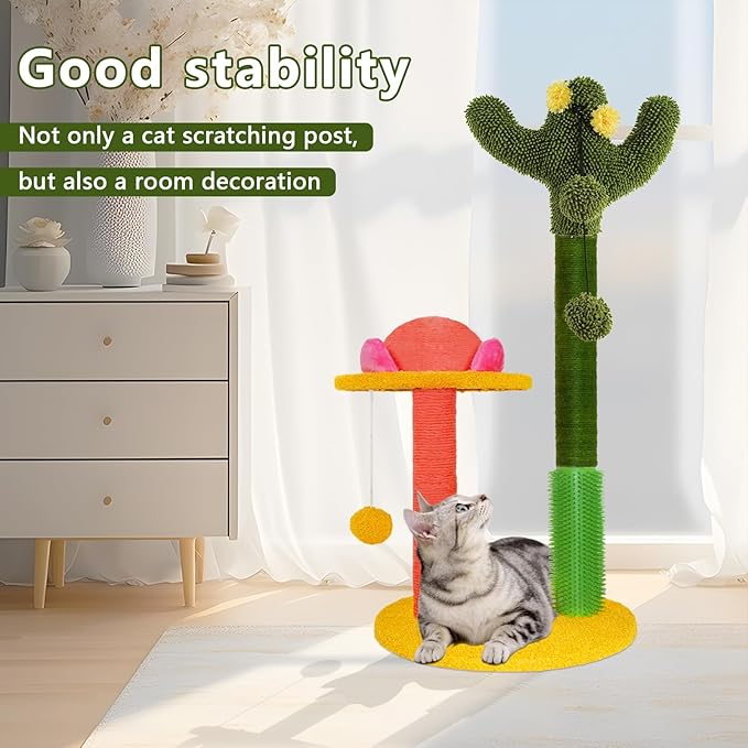33" Tall Cat Scratching Post, Cactus and Mushroom Combination Cat Scratcher, Cat Toy with Removable Cat Teaser, Cat Scratch Tree Post with 3 Balls