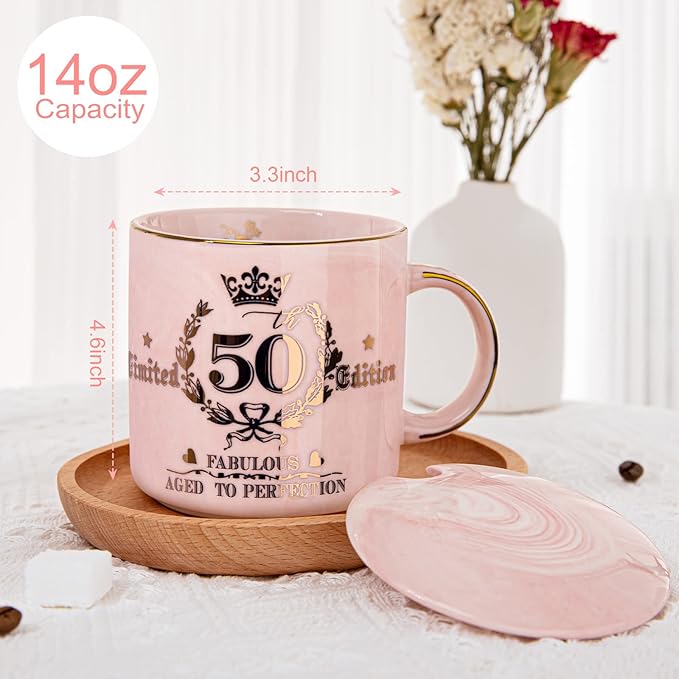 50th Birthday Gifts for Women Her, Fabulous 50 Aged to Perfection, 14oz Gold Pattern Coffee Mug, Cool Gifts Idea for Turning 50 Year old Mom, Wife, Daughter, Sister, Friends, Aunt, Nice Gift Boxed