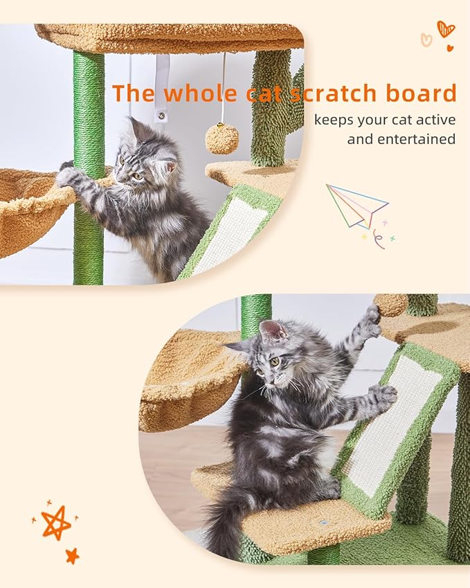Taoqimiao Cat Tree,38.2-Inch Cat Tower for Indoor Cats,Suitable for Kittens with Luxurious cat condo with Adjustable Baskets and Luxurious Perch MS029ST Cactus