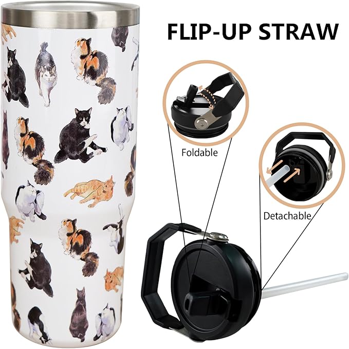 30oz Cat Tumbler with Handle and Straw, Stainless Steel Vacuum Insulated Flip Straw 30 oz Coffee Tumbler, Spill Proof Travel Mug, Cat Decor Gifts for Women