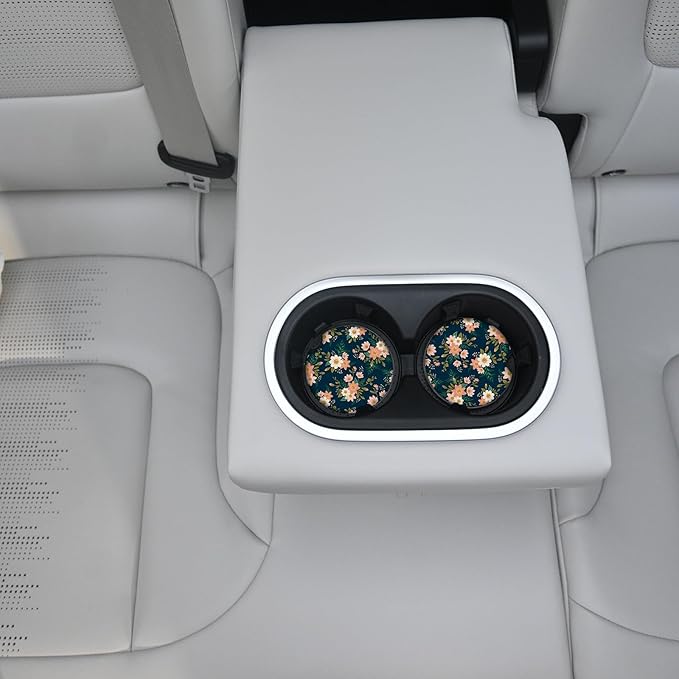 2pcs Flowers Pattern Car Cup Holder Coasters - Hippie Car Accessories, Universal Auto Anti Slip, Rubber Coasters with A Finger Groove