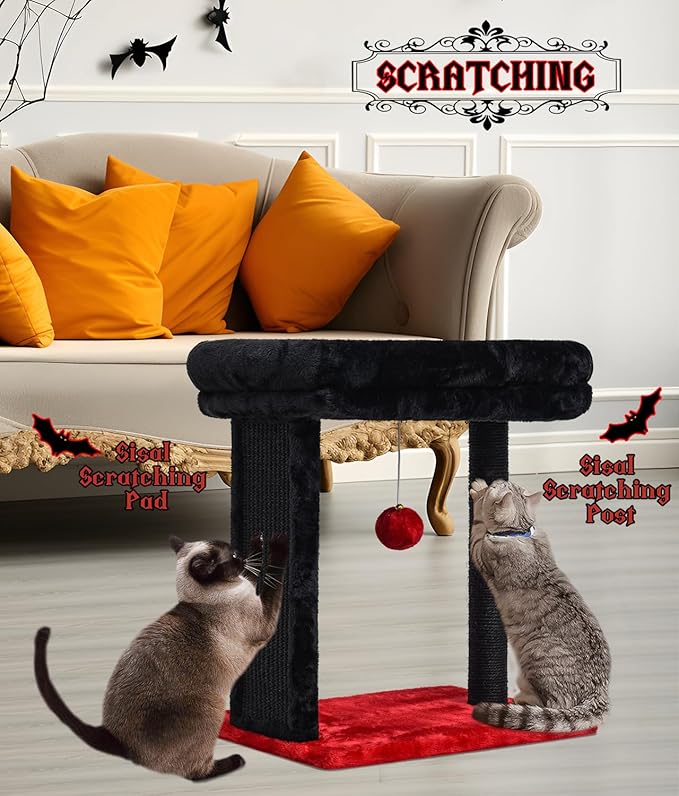 SYANDLVY Samll Gothic Cat Tree with Scratching Board, Scratching Post with Perch for Indoor Cats, Cat Scratcher with 2 Dangling Balls, Great for Kittens
