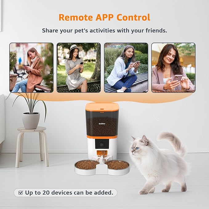 Automatic Cat Feeder with Adjustable Camera for 2 Cats, 5G WiFi 6L Smart Cat Food Dispenser, 1080P HD Video with Night Vision, Pet Feeder with 2-Way Audio for Cats&Dogs, Food Blockage & Motion Alerts