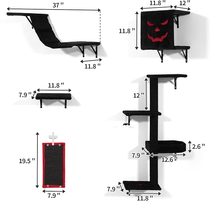COZIWOW Cat Wall Shelves, Wall-Mounted Cat Climber Set of 5, Floating Cat Perches, Hanging Cat Beds, Modern Cat Furniture for Large Cats or Kitty (Gothic)