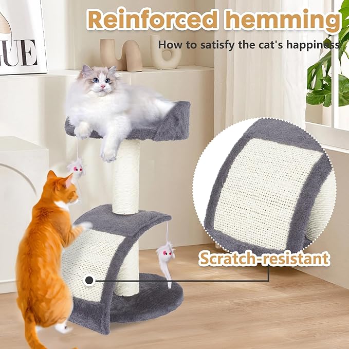 PowerKing Multifunction Cat Scratching Posts for Indoor Cats, Space-Saving Scratcher with Arched Sisal Board & Round Base, Durable Sisal Scratchers for Kittens & Small Cats (Grey)