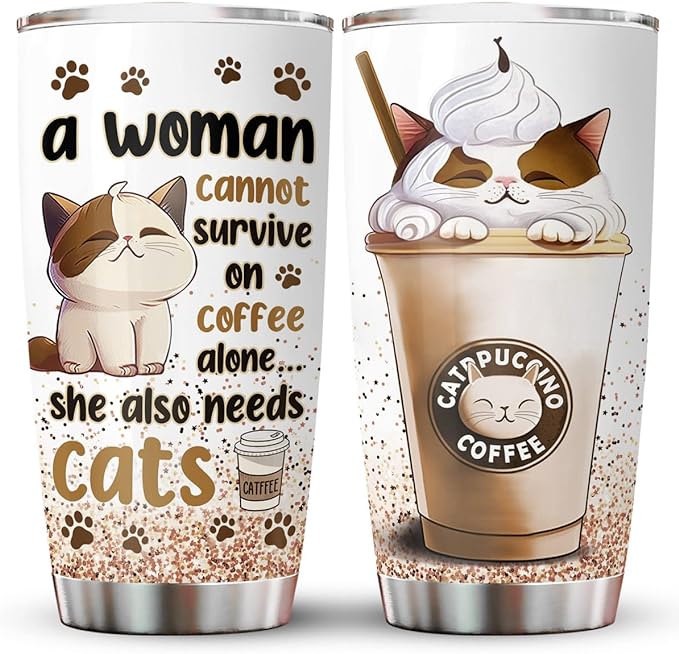 34HD Cat Lady Tumbler with Lid, 20oz Stainless Steel Vacuum Insulated Coffee Mug with Cats, Cute Kitty Gifts for Her Women, Cat Mom Gifts for Birthday Mothers Day Christmas