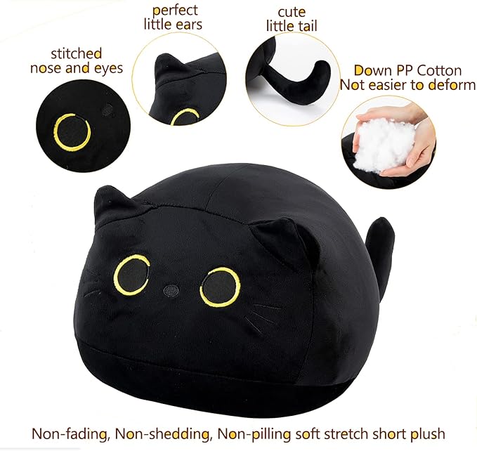 21.7" 3D Black Cat Plush Toy Pillow, Soft Kawaii Kitten Stuffed Animal Cushion