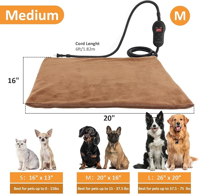 Upgraded Pet Heating Pad, 5 Adjustable Temperature & Timer, Electric Heated Dog Cat Bed for Winter, Auto Power-Off, Waterproof Chew-Resistant (M:20'' x 16'')