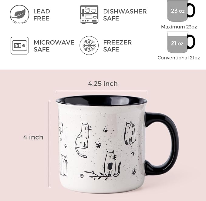 AmorArc 22 OZ Large Ceramic Coffee Mugs Set of 2, Oversized Mugs With Big Handle for Men Women Dad Mom, Big Mug With Textured Dogs Cats Patterns for Office & Home -Microwave Safe, 2 Pcs-Black