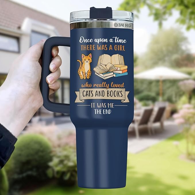 34HD Cat Coffee Tumbler with Handle & Straw, 40 oz Stainless Steel Vacuum Insulated Cat Book Travel Mug, Birthday Christmas Mothers Day Gifts for Pet Lovers Women Mom Librarian Her