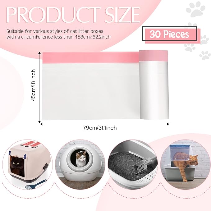 30 Count Large Cat Litter Box Liners Drawstring Kitty Litter Pan Box Liners Heavy Duty Cat Litter Bags Thick Cat Litter Box Liners Kitty Litter Bags, 31 x 18 Inch