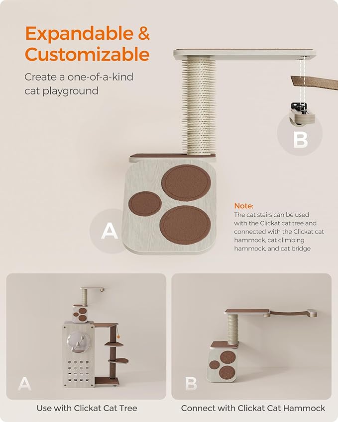 Feandrea Clickat Collection - No.004 Cat Stairs, Wall-Mounted Cat Ladder with Shelves, Self Groomer, Extremely Quick Assembly, Unlimited Expandability, Replaceable Washable Felt Pads