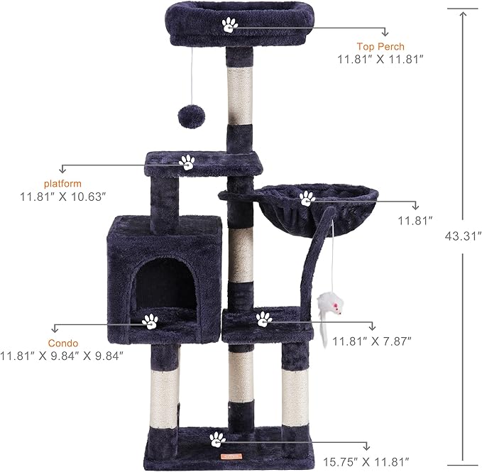 Heybly Cat Tree with Toy, Cat Tower condo for Indoor Cats, Cat House with Padded Plush Perch, Cozy Hammock and Sisal Scratching Posts, Smoky Gray HCT004SG