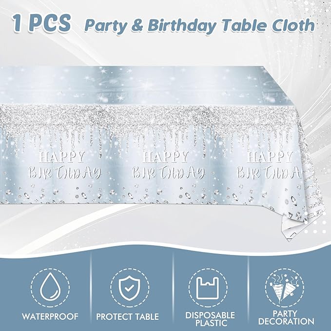 41 Pieces Silver Glitter Tableware Set, Happy Birthday Table Decorations Glitter Diamonds Silver Birthday Theme Dessert Plates Napkins Tablecloth for 20 Guests Silver Glitter Birthday Party Supplies
