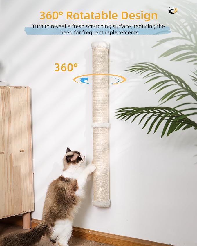 Cat Wall Scratcher, 34" Sisal Cat Scratching Post, Wall Mounted Cat Furniture for Indoor Cats, Tall and Sturdy Cat Climbing Pole for Large Cats