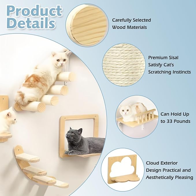 PINVNBY 5 Pcs Cat Wall Furniture, Cat Wall Shelves, DIY Cat Walls Playground with 3 Cat perches, 2 Cat Steps for Sleeping, Playing, Climbing, Large, Burlywood