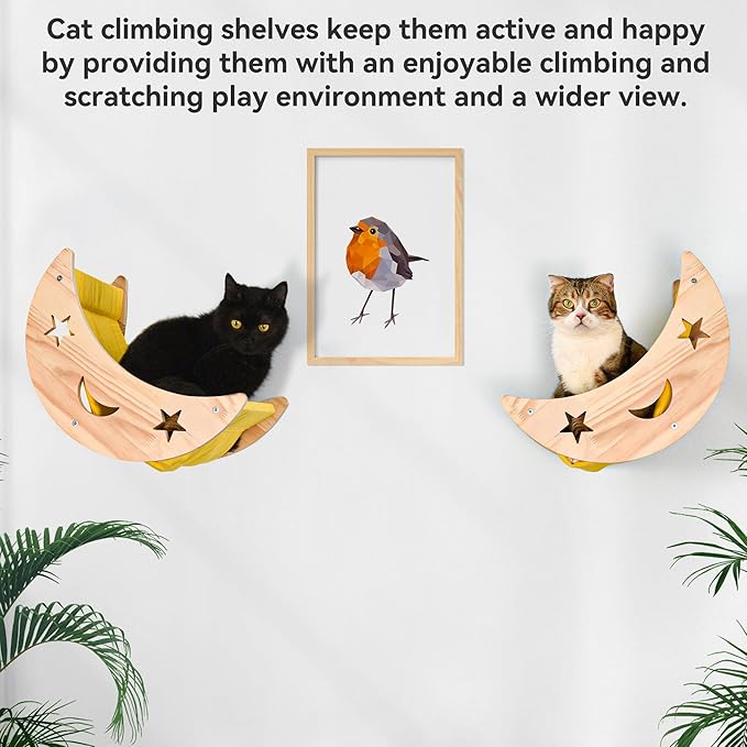 Cat Hammock Moon Bed Wall Mounted Shelf Cat Wall Shelves and Perches Solid Wood Cat Wall Furniture Cats Wall Bed for Cats and Kitty Easy Installation-Single Moon
