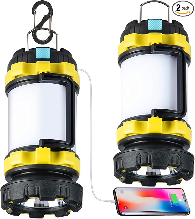 2 Pack Camping Lantern, Outdoor LED Camping Light, Rechargeable Flashlights with 1000LM, 6 Modes, 4000mAh Power Bank, IPX5 Waterproof Portable Emergency Camp Light for Hurricane Survival - Yellow