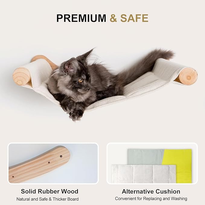 Cat Hammock Wall Mounted, Cat Wall Shelves, Wooden Cat Wall Furniture, Cat Wall Bed, Cat Wall Perches for Large Cats or Kitty Sleeping, Playing, Climbing, and Lounging