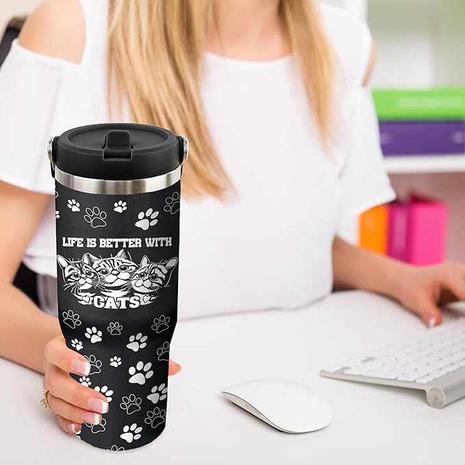 30 Oz Black Cat Tumbler with Handle and Straw, Insulated Cat Mugs for Cat Lovers, Double Wall Stainless Steel Black Cat Mug, Cat Mom Mug or Cat Dad Mug and Cat Cups Gifts for Cat Lovers for Women