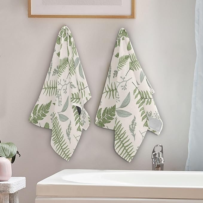 2 Pack Farmhouse Leaf Hand Towels for Bathroom,Soft Absorbent Tropical Sage Green Leaves Fern Wildflower Plant Kitchen Dish Towels,Decorative Guest Bathroom Towels for Face,Shower,Gym 14"x28"