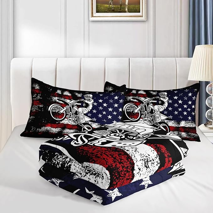 Axolotl Dirt Bike Comforter Set Queen,American Flag Bedding Set,Motocross Comforter Set,White Red Stripes Stars Comforter Set,Motorcycle Racer Comforter for Boys Kids Teens Men,1 Quilt 2 Pillowcases