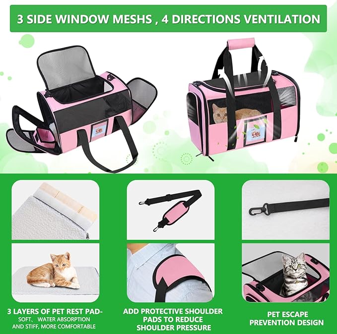 20" Large Cat Carrier Soft Sided Carrier for Cats Under 25 lbs, Folding Dog Carrier 20" Carrier for 2 Cats Travel Carrier -Large- Pink