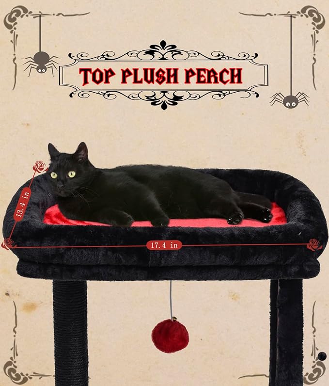SYANDLVY Samll Gothic Cat Tree with Scratching Board, Scratching Post with Perch for Indoor Cats, Cat Scratcher with 2 Dangling Balls, Great for Kittens