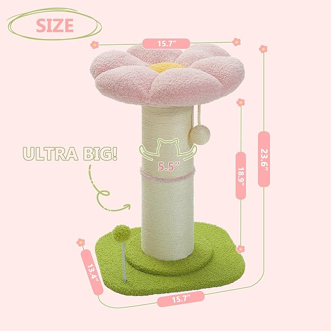 PEQULTI Flower Cat Scratching Post, Small Cat Tree, Tall Cat Scratcher for Indoor Cats with Super Thick Scratching Post [Dia=5.5''], Removable Flower Cat Bed, Cat Scratch Post with Spring Ball, Pink