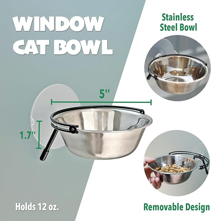 PETKARAY Window Cat Bowls, Cat Food Bowl for Window, Dog Proof Cat Feeding Station, Foldable Stainless Kitty Bowl 12 Ounces (Pack of 2)